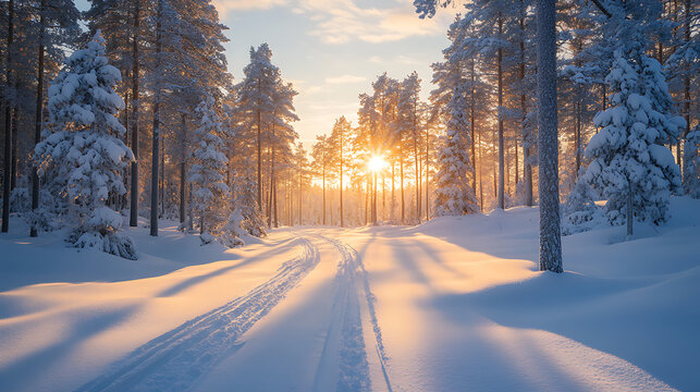 Golden sunbeams pierce through snow covered pine forest illuminating a winter path