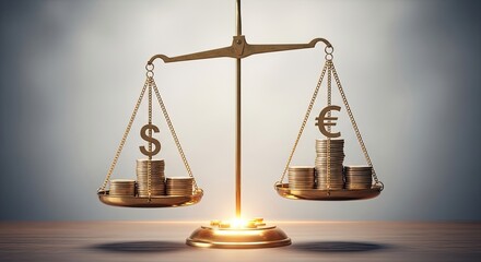 A golden scale with coins and currency symbols on it.