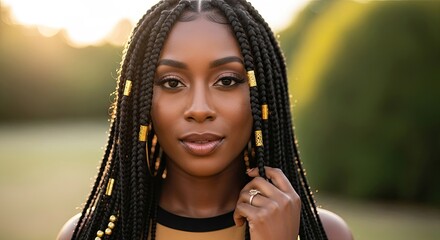 A woman with braided hair in a park at sunset.