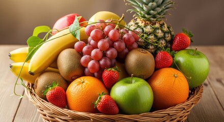 A colorful fruit basket with bananas, strawberries, apples, and oranges on a wooden table.
