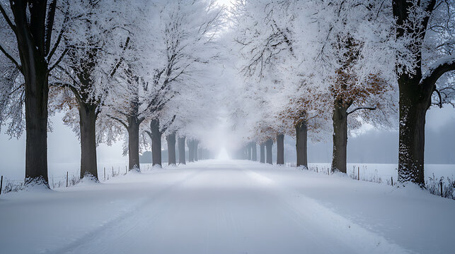 A snow covered pathway lined with frosted trees leading into a winter wonderland scene - Powered by Adobe
