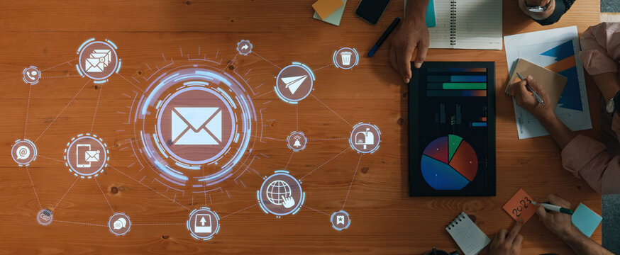 Email icons show digital communication, email service, and inbox management. Email supports online messaging, email notification, and secure exchange. Entice - Powered by Adobe