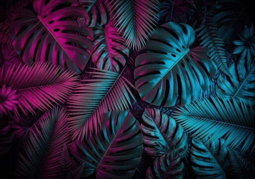Moody neon tropical leaves background in teal and magenta light, monstera palm and fern foliage