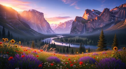 A vibrant mountain landscape with a river and a waterfall at sunset, filled with colorful flowers and trees.