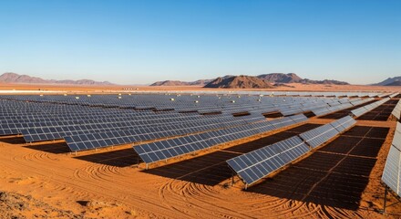 A vast array of solar panels in a desert landscape, with mountains in the background under a clear blue sky.