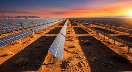 A vast solar panel array in the desert at sunset, with mountains in the distance and a vibrant orange sky.