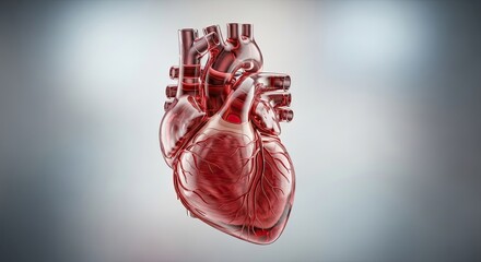 A transparent human heart with red blood cells against a blurred background.