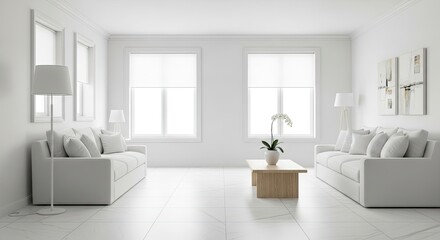 A minimalist white living room with two white couches and a wooden coffee table.