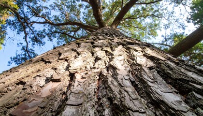 Upward view of a large tree trunk