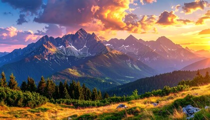 Majestic mountain range under colorful sunset, grassy foreground