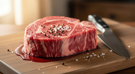 A raw ribeye steak on a wooden cutting board with a knife.