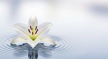 A white lily floating on water with ripples.
