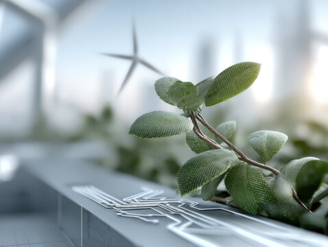 Green plant with digital circuit pattern on futuristic surface, symbolizing technology and sustainability in modern city environment - Powered by Adobe