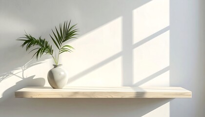 Minimalist aesthetic with a shelf and a vase containing green leaves