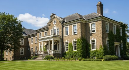 A grand, historic mansion with a green lawn and ivy-covered walls.