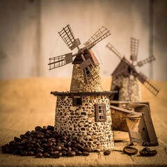 Miniature windmills with coffee beans on a rustic wooden surface