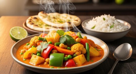 A vibrant plate of colorful vegetable curry with steam rising, accompanied by a side of rice and a lime wedge.