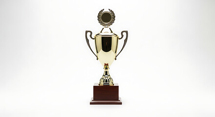 A shiny gold trophy with a dark wooden base stands on a white background in a studio setting ai generated