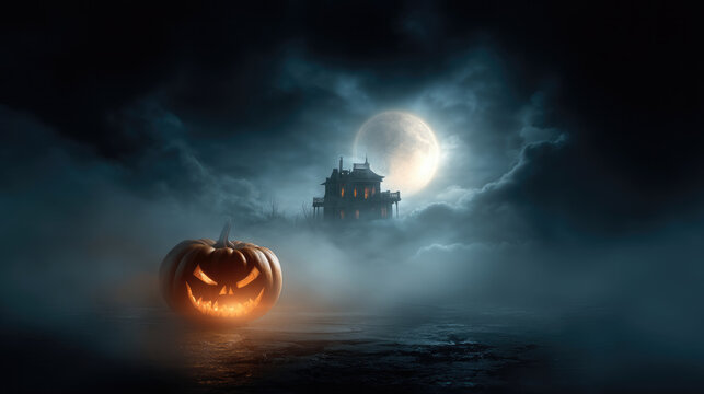 Halloween night with glowing jack-o'-lanterns and people walking through spooky streets - Powered by Adobe