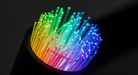 A colorful array of fiber optic cables with a rainbow of colors, including red, orange, yellow, green, blue, and purple, against a black background.