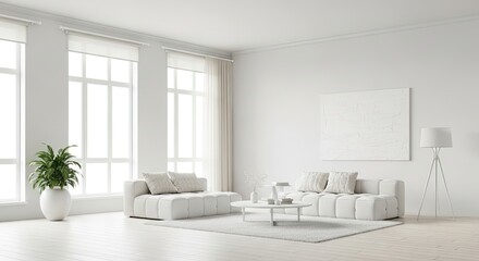 A minimalist white living room with a large window, white couches, and a white rug.