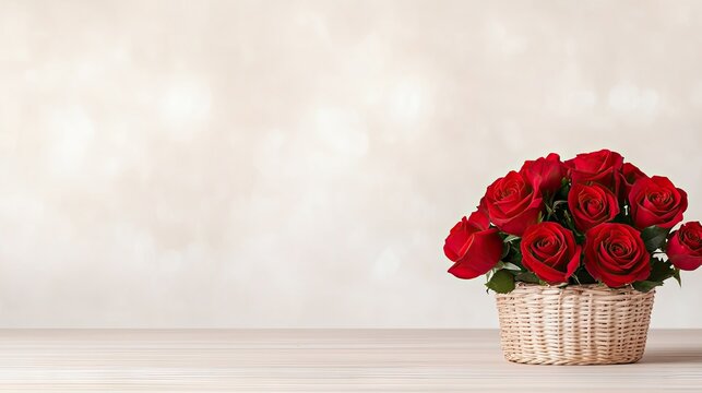 A beautiful basket of red roses on a wooden table, perfect for celebrating love on Valentine's Day, with a dreamy blurred background for romance