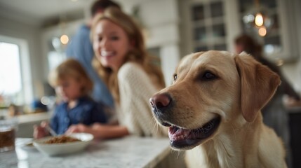 Family enjoying breakfast together with a cheerful dog in a cozy kitchen