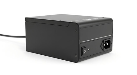 A close up shot of a black electronic device with a power cord on a white background in a studio setting ai generated