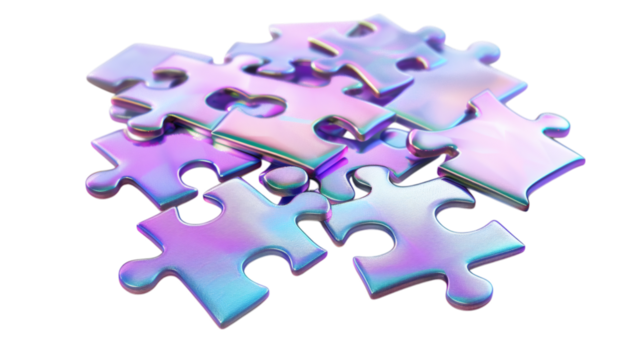 Set of holographic iridescent jigsaw puzzle pieces in purple and blue 3D rendered isolated on a white background