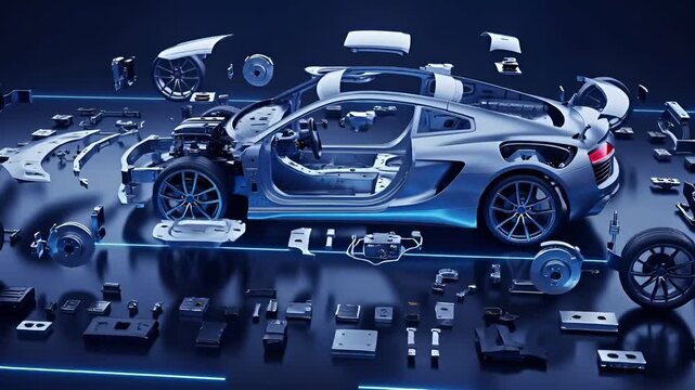 Modern car assembly blueprint with scattered components
