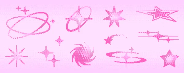 Selbstklebende Fototapeten Restaurant Y2k pixel star shape icon set with halftone gradients in pink on pastel background. Retro bitmap graphics - sparkles, orbital rings and burst decorative elements for nostalgic digital aesthetic  © klyaksun