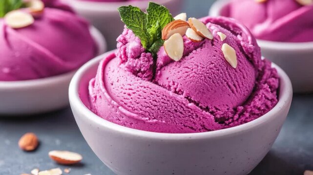 selective focus vibrant purple and yellow gelato with almonds