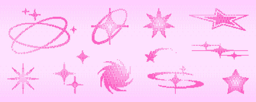 Y2k pixel star shape icon set with halftone gradients in pink on pastel background. Retro bitmap graphics - sparkles, orbital rings and burst decorative elements for nostalgic digital aesthetic