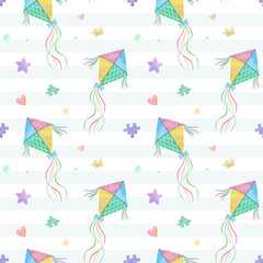 Seamless pattern with kites, puzzles, hearts and stars. Soft watercolor baby pattern. Pastel nursery design.