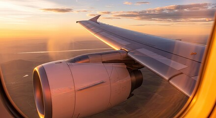 A view from an airplane window, showing the wing and engine of a jet plane against a backdrop of a sunset sky with clouds.