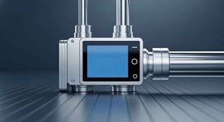 A metallic device with a digital display and two pipes connected to it, set against a metallic background.