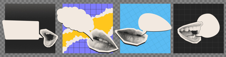 Halftone mouth stickers with speech bubbles in retro pop art collage style on colorful patterned backgrounds. Black and white halftone dotted lips with paper dialog shapes with geometric textures.