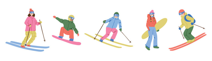 Winter skiing and snowboarding people illustration, colorful flat style vector of skiers and snowboarders