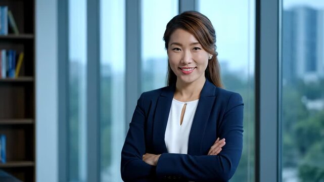 Confident asian businesswoman in a navy blue suit with arms crossed in an office setting