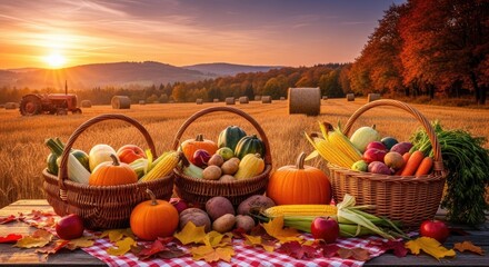 Three baskets of fresh vegetables and fruits on a wooden table in a field with a tractor and hay bales in the background.