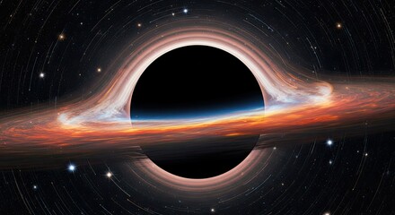 A black hole in space with a swirling, glowing ring of light and stars around it.