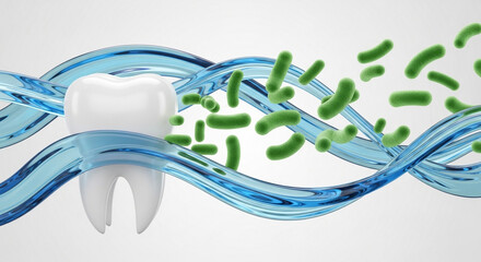 White tooth with mouthwash swirl deflecting bacteria, oral health and hygiene symbol