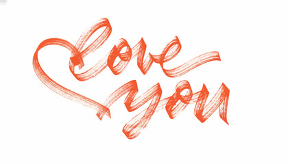 Expressive red-orange calligraphic 'Love You' text, artfully crafted with flowing brushstrokes and an integrated heart shape, symbolizing affection and warmth in a creative graphic style