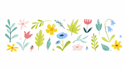 A charming collection of hand-drawn colorful spring flowers and leaves in a naive doodle style
