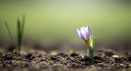 A purple crocus flower with green leaves emerging from the soil in a garden setting.