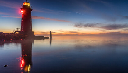 Lighthouse at dawn with calm water and misty horizon.