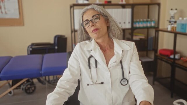 Woman doctor in white coat wearing a stethoscope seated at a clinic desk looking to the side; calm compassion expertise.