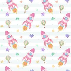 Seamless pattern with toy rockets and stars. Soft watercolor baby pattern in pink. Pastel design.