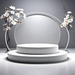 Minimalist white display podium with cherry blossom accents on a grey background