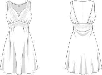 Sleeveless lace satin nightdress fashion flat sketch front and back view elegant women lingerie nightwear design template
